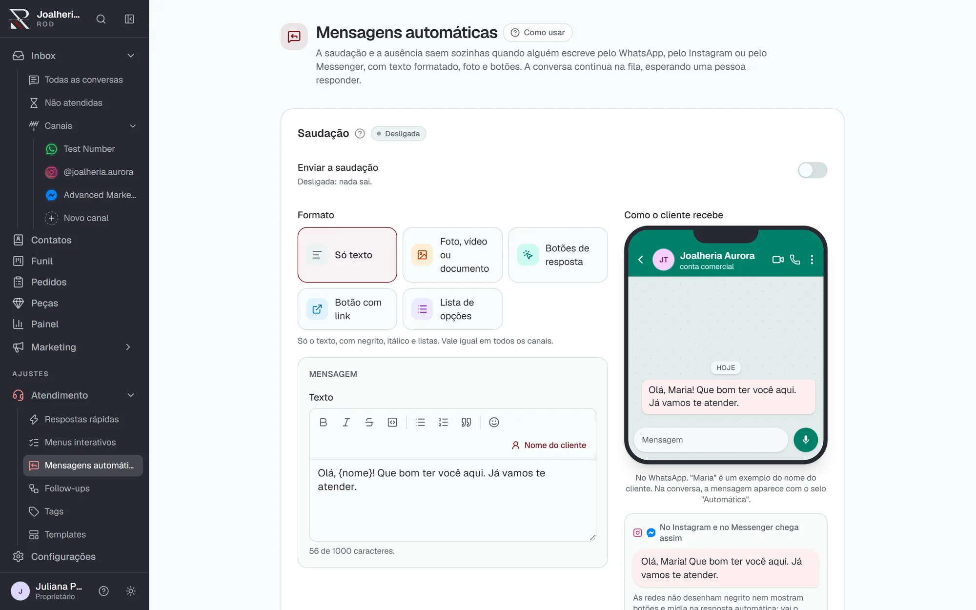 Mensagens automáticas do ROD com a prévia no celular