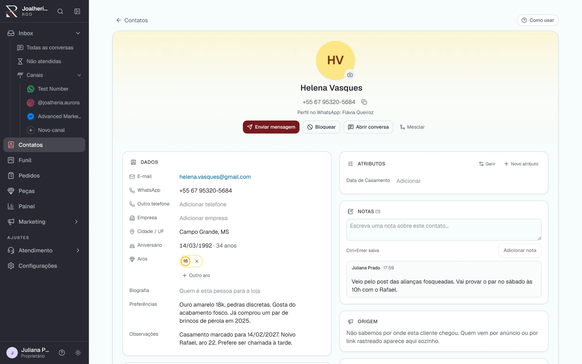 Ficha completa de uma cliente no ROD