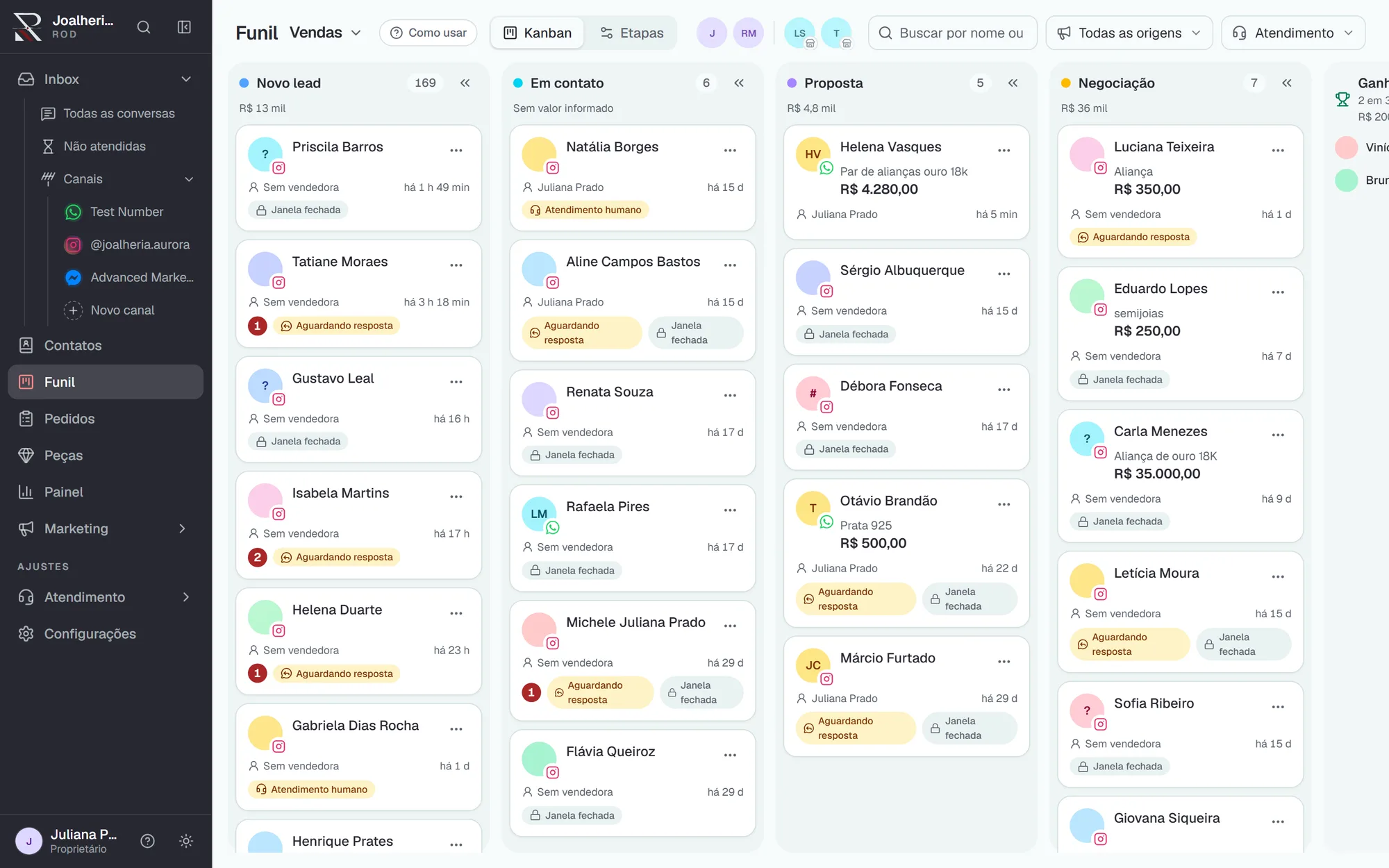 Funil de vendas do ROD em kanban