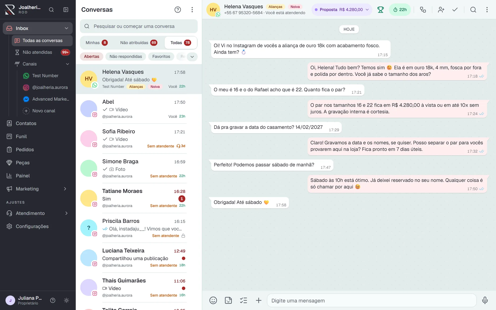 Inbox do ROD com a fila de conversas e um atendimento aberto