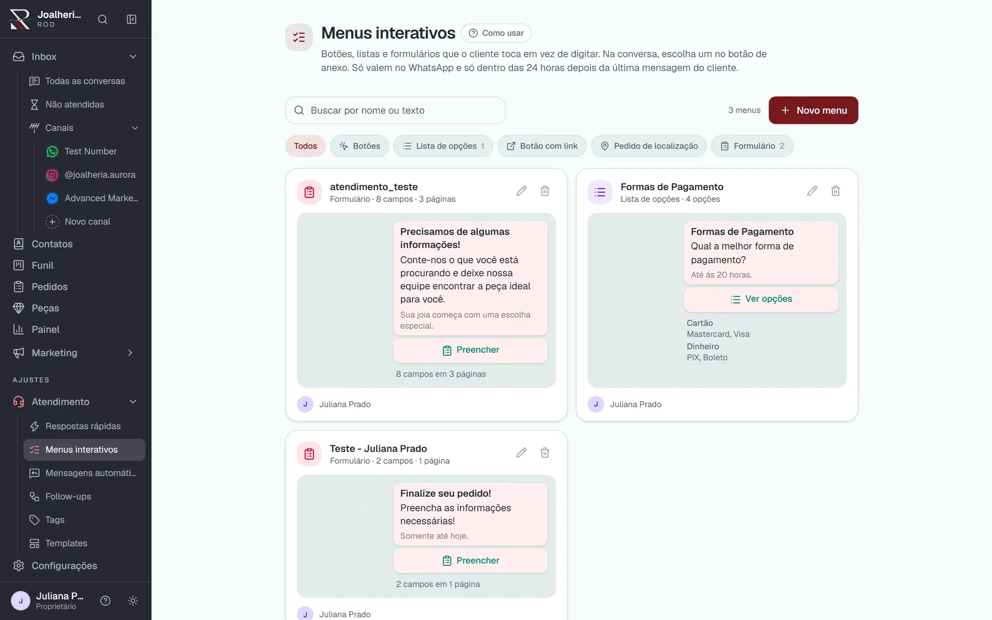 Menus interativos do ROD